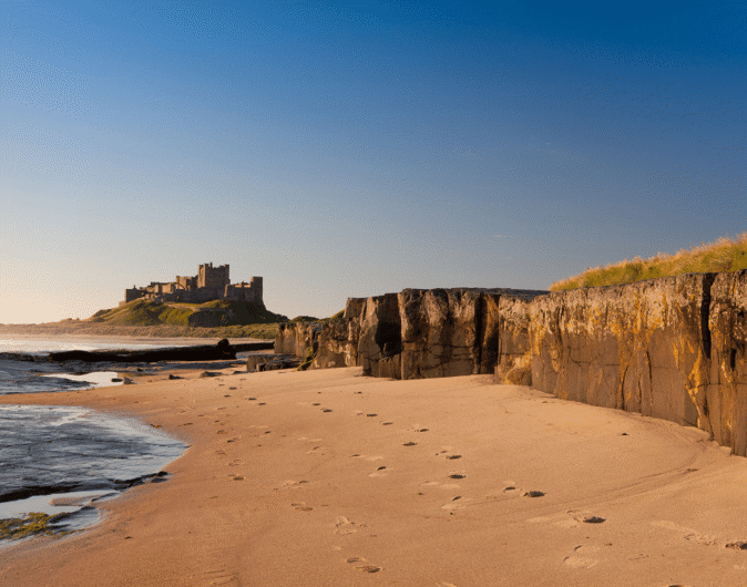 Bamburgh beach with Castle in distance